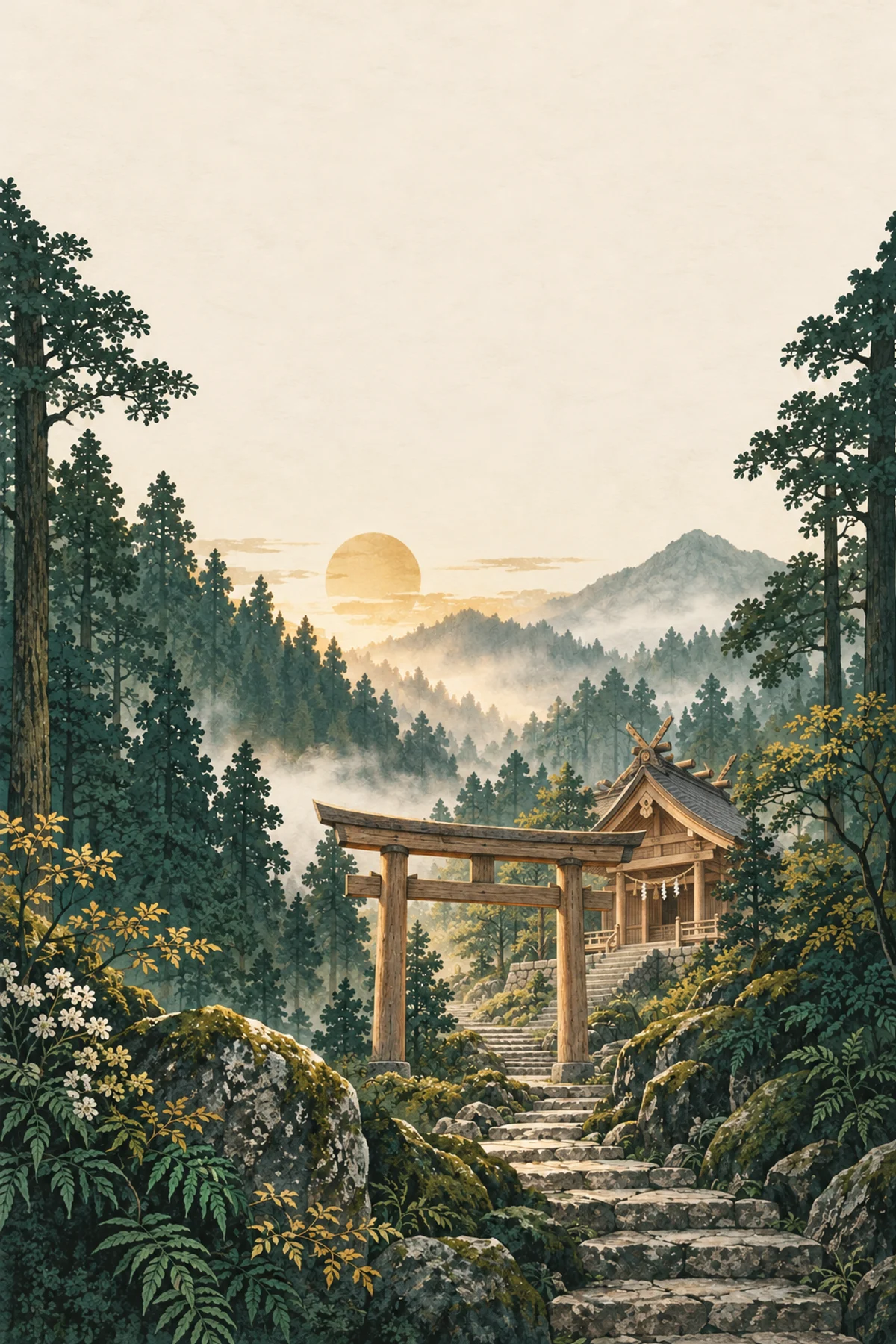 Illustrazione di un torii in legno e di un sentiero forestale