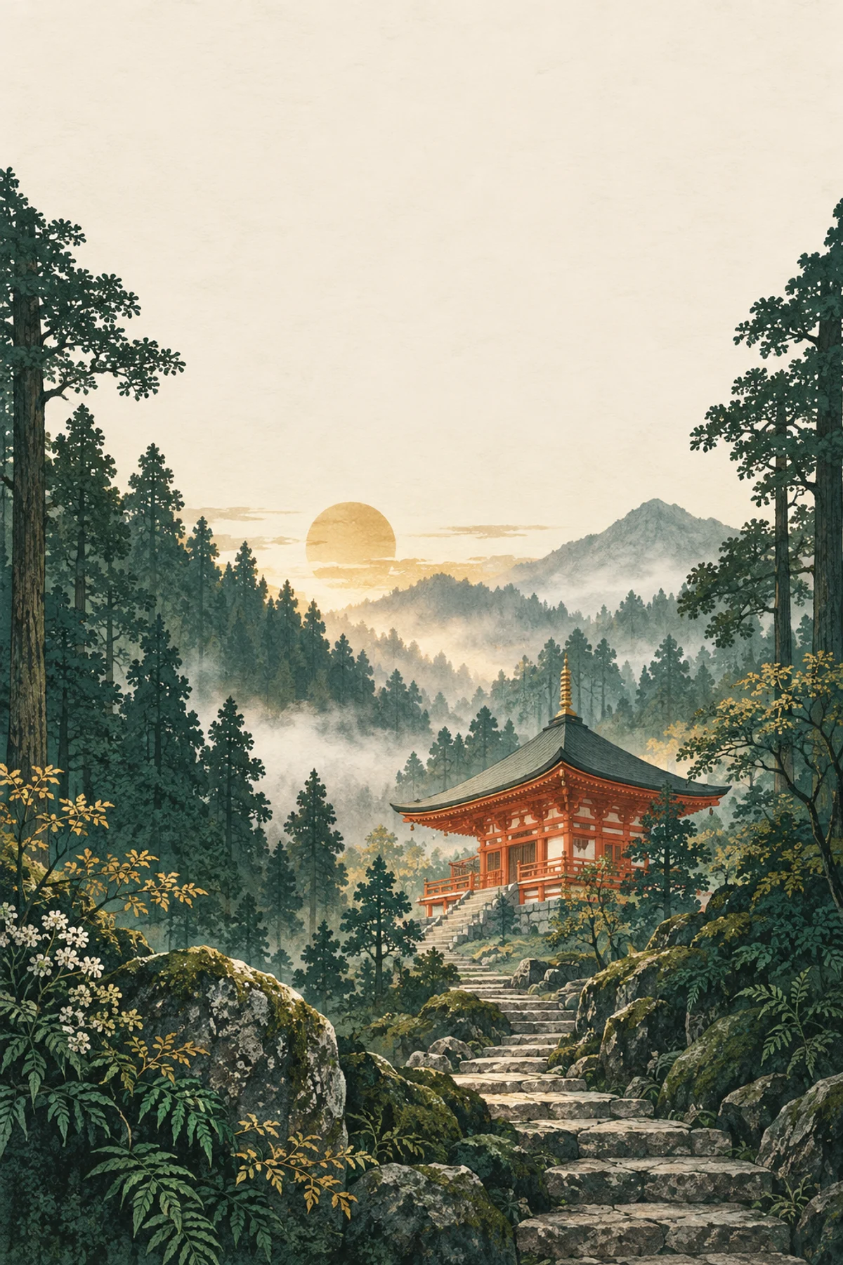 Illustrazione di un sentiero di pietra che conduce a un tempio nella foresta.